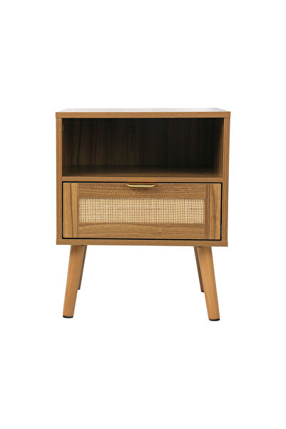Generic Brand Noptieră cu efect de nuc și ratan, stil boho, cu raft deschis, ...