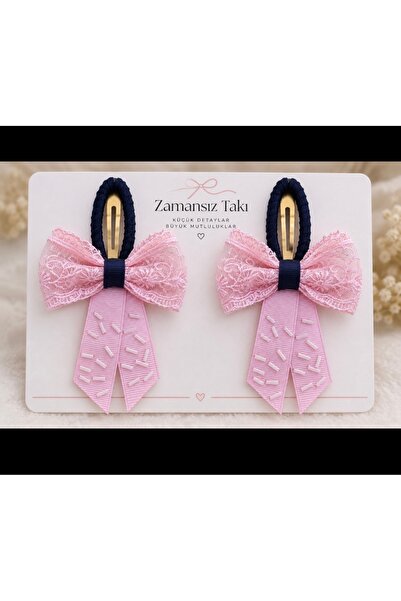zamansız takı 🎀   مشبك بقفل كبس مزين بفيونكة من الدانتيل - مجموعة من قطعتين 🎀