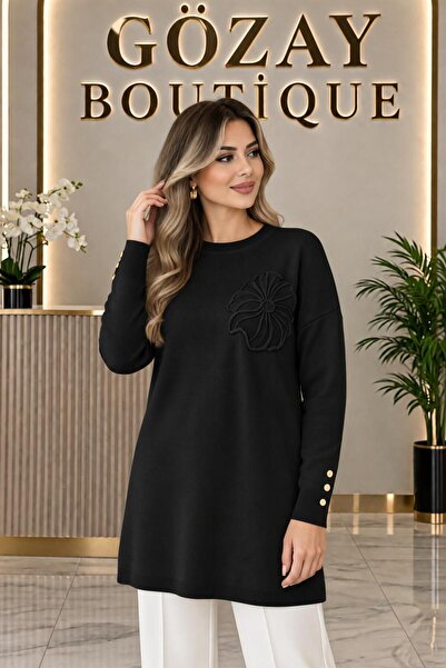 GÖZAY BOUTİQUE Kadın Çiçek Nakışlı Soğuk ip Merserize Tunik Oversize