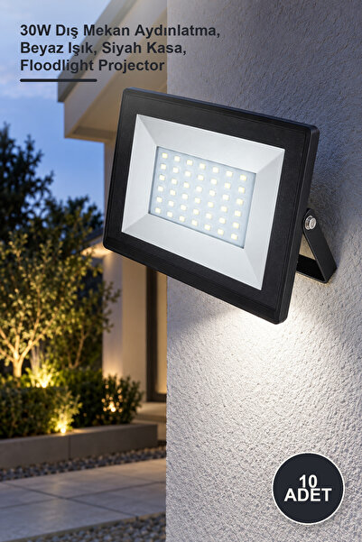 10 Adet CT-4657 LED Projektör – 30W Dış Mekan Aydınlatma, Beyaz Işık, Siyah Kasa, Floodlight Projector