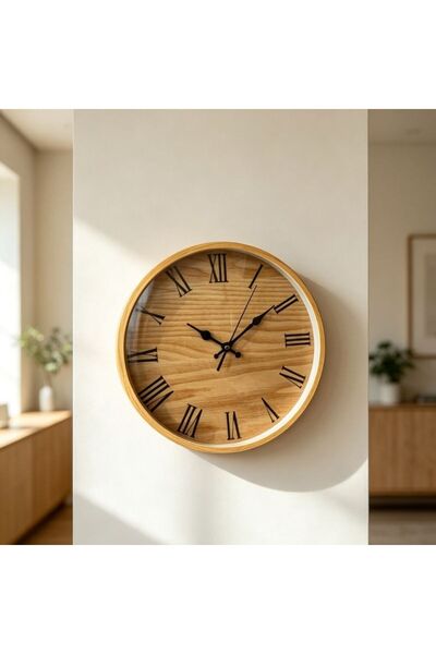 Re Ceas de perete rotund 30 cm, cadran cu cifre romane, efect lemn , mecanism...