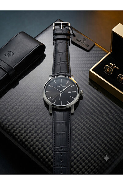 JACK PIERRE Prestige Black Dial Leather Strap Men's Watch