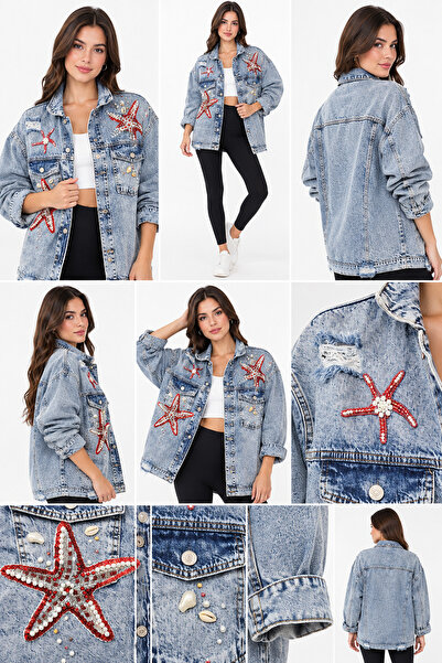 RENGARENG Women's Designer Denim Jacket with Starfish Theme, Mussels, Stones,...
