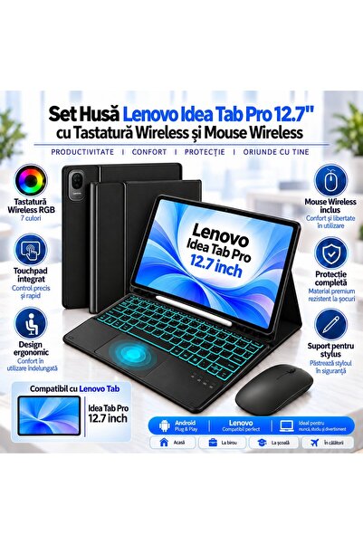 QOVU Set husă tabletă pentru Lenovo Idea Tab Pro 12.7", Tastatură wireless RG...