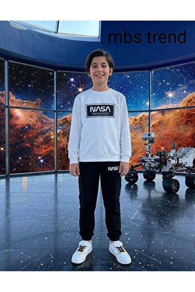 Kids طقم بدلة رياضية شتوية للأولاد مطبوع عليه شعار NASA / سويت شيرت برقبة دائ...