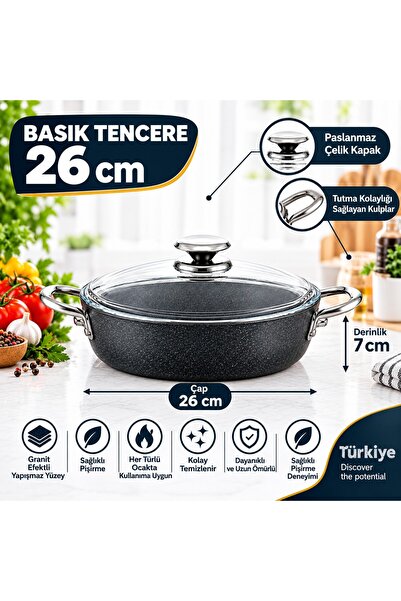 FMS Galaxy Granite Flat Pot 26 cm Metal |   Non-Stick Coating | 4mm |   Durab...