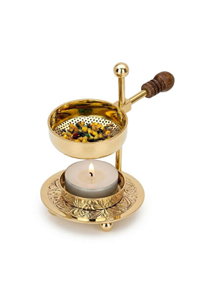Shamanics Arzator tamaie din alama cu sita reglabila si maner lemn, auriu