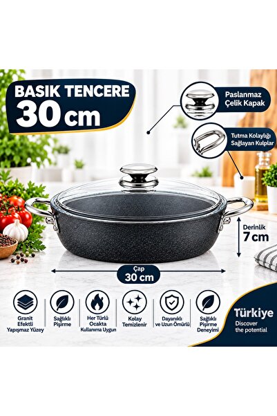 FMS Galaxy Granite Flat Pot 30 cm Metal |   Non-Stick Coating | 4mm |   Durab...