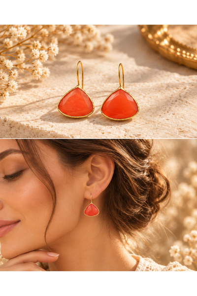 Trinkacollection Gold Çerçeveli Üçgen Taşlı Sallantılı Küpe – Renkli Taşlı Za...