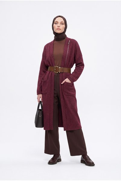 Armine TREND Süs Fermuar Detaylı Simli Fitilli Hırka 115 Cm Boy Bordo 25KT532