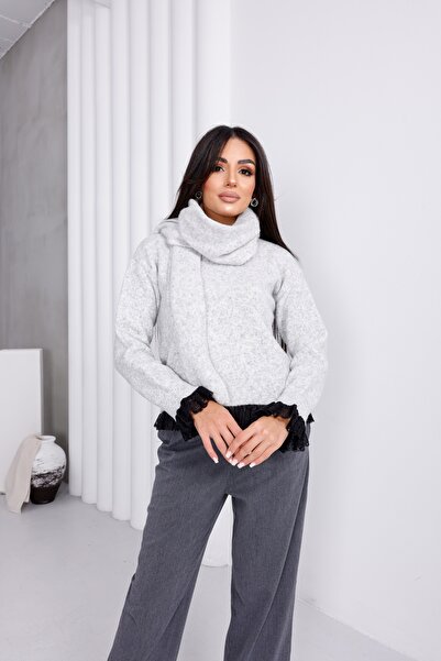 For Angels Pulover cu mâneci din dantelă și guler din dantelă