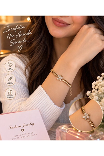 seymen bıçakçılık Women's Gold Butterfly Figured Zircon Stone Stylish Bracele...