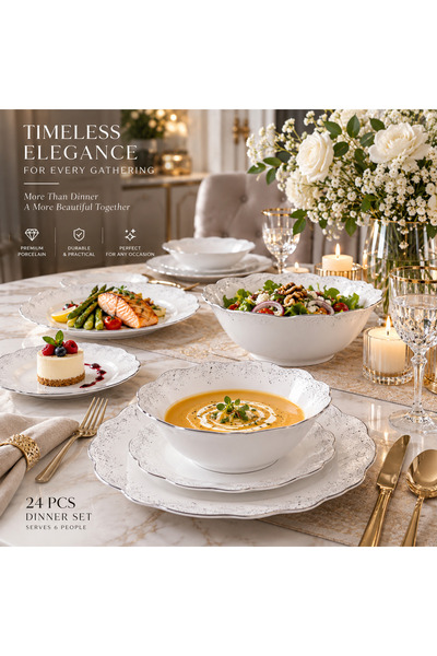 Dania 🍽️ طقم سفرة بورسلان أبيض مرصّع بلمسات فضية – 24 قطعة لـ 6 أشخاص ✨🤍
