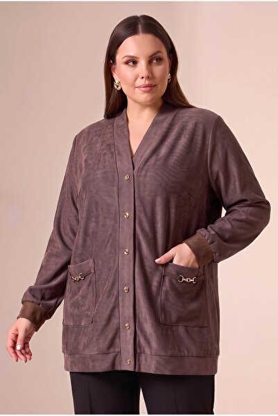 RMG Ribbed Plus Size Knitted Cardigan Brown