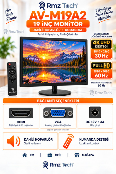 RMZTECH Avenir AV-M19A2 19 İnç Monitör 4K 30Hz Destekli Full HD 60Hz HDMI VGA...