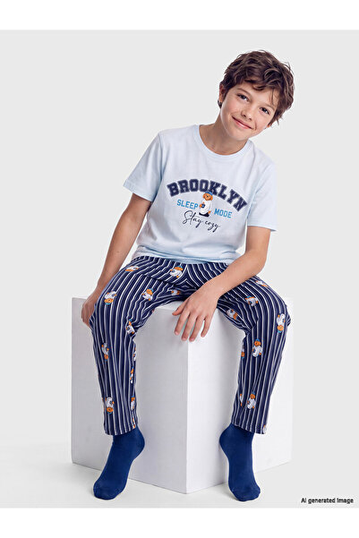 LC Waikiki Vizyon New Season Blue Crew Neck Boys' Pajama Set