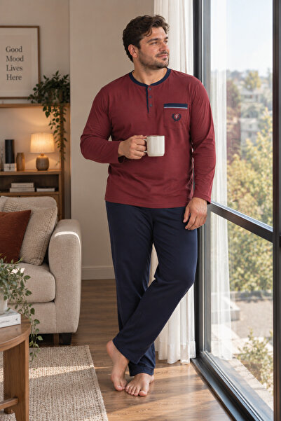 Erkek Büyük Beden Cep Detaylı Uzun Kollu Pamuklu Pijama Takımı