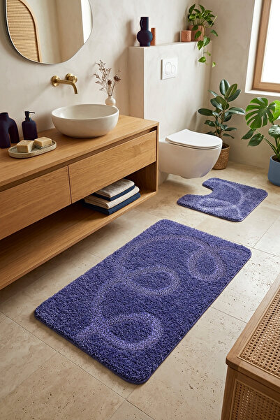 Saks Mavi Shaggy Soyut Desenli 2'li Takım Banyo Paspası Su Emici,Makinede Yıkanabilir,Kaymaz Taban, Tırmalamaya Dayanıklı