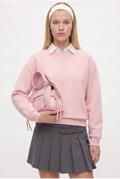 Ritnice Kadın New Cozy Polarlı Basic Bisiklet Yaka Pamuklu Örme Pembe Sweatshirt