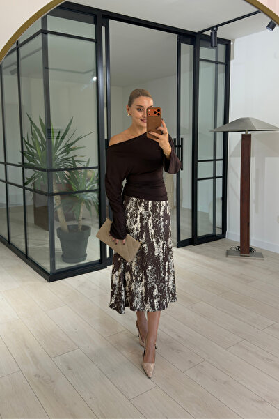 Sezgi Tekin Patterned Brown Midi Satin Skirt