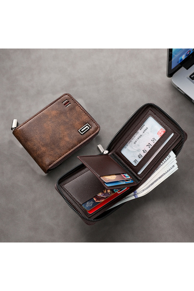 Generic Brand Zipper Bifold Wallet for Men, Vintage PU Leather Multi Card Hol...