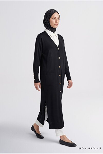 Armine Button Detailed Basic Cardigan Black