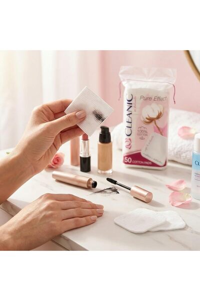 Cleanic Pure Effect 100% Cotton Square Makeup Pads 50 Count | Square Facial Cotton Pads, Soft & Lint-Free | Ideal for Makeup Removal, Toner, Cleansing & Skincare Routine
