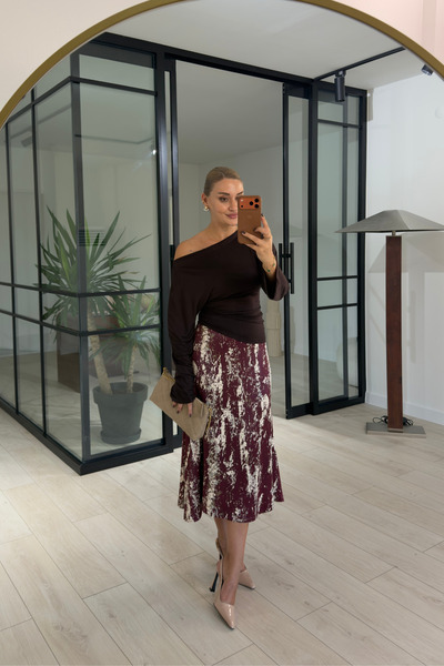 Sezgi Tekin Patterned Burgundy Midi Satin Skirt