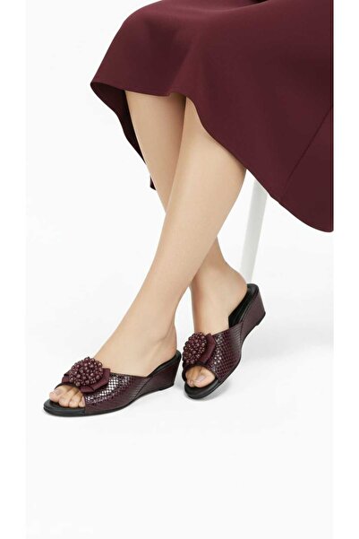 mikay shoes Hakiki Deri Boncuk Tokalı Şık Ev Terliği