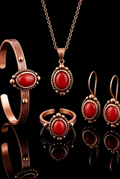 OSMANLI GÜMÜŞ Kadın Bakır Set El Yapımı Mercan Taşlı İşlemeli Kolye Küpe Yüzü...