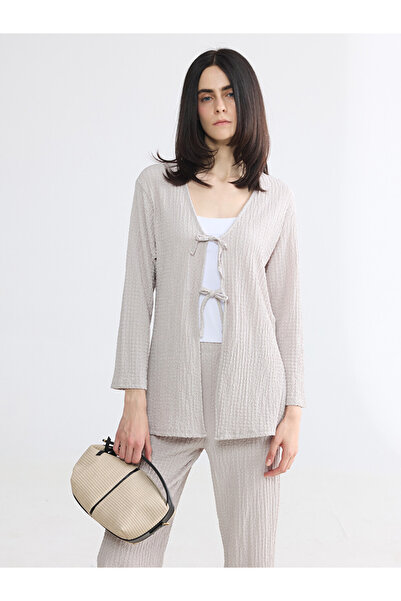 LC Waikiki Vizyon New Season Gray V-Neck Tie-Down Textured Women's Cardigan