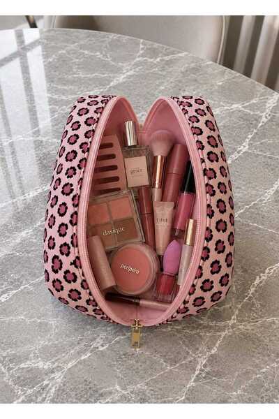 BagsMadame Pink Leopard Patterned Makeup Bag 17X14 cm Medium Size