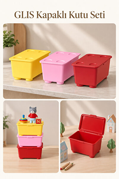 ACELEYOLLA GLIS Kapaklı Saklama Kutusu 17x10 cm Sarı-Pembe-Kırmızı 3’lü Set Oyuncak ve Düzenleyici Kutu