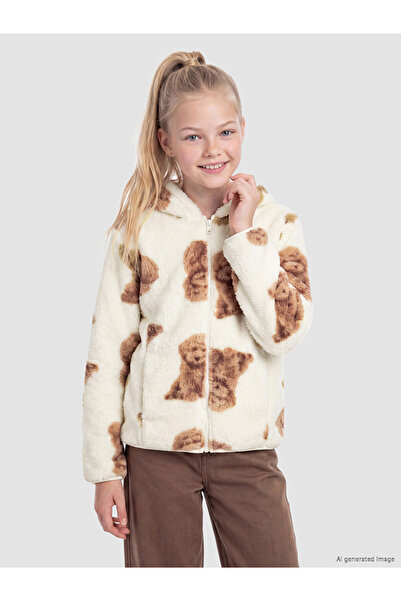 LC Waikiki Ozmarka New Season Ecru Hooded Printed Girls' Zippered Sweatshirt