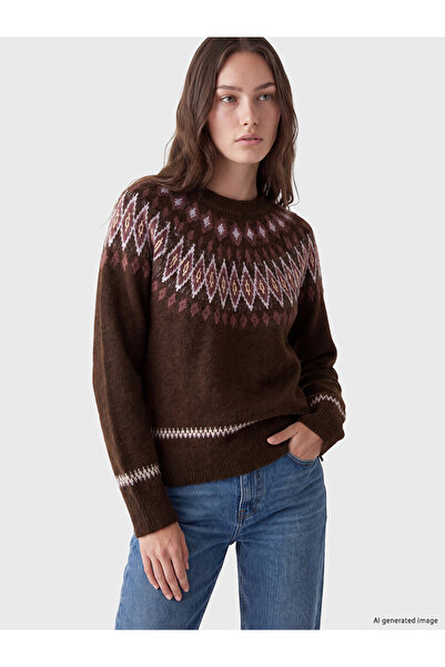 LC Waikiki Ozmarka New Season Brown Crew Neck Patterned Women's Knitwear Sweater