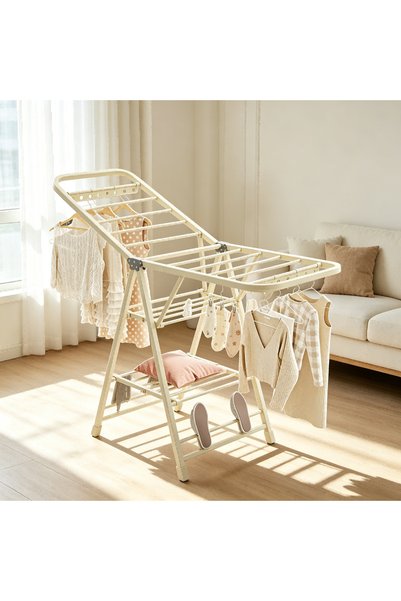 BESTONE 160cm Cream White Foldable Wing Clothes Drying Rack with Rust‑Resista...
