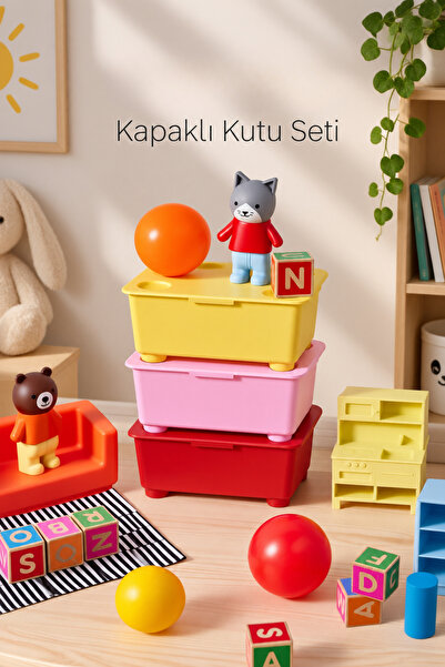 ACELEYOLLA GLIS Kapaklı Saklama Kutusu 17x10 cm Sarı-Pembe-Kırmızı 3’lü Set Oyuncak ve Düzenleyici Kutu