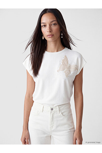 LC Waikiki Lcw Everyday Crew Neck Butterfly Embroidered Women's T-Shirt
