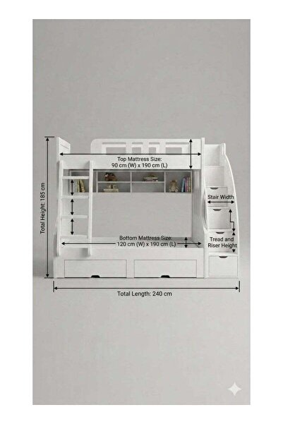 Arabest Kids Bunk Bed with Storage Stairs, Bookshelf, Under-Bed Drawers, MDF, White, Lower 120x190cm / Upper 90x190cm