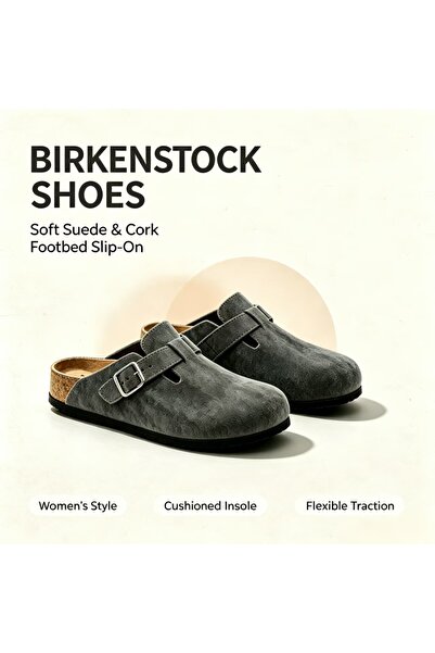 BIRKENSTOK Suede Clogs for Women, Slip-On Cork Footbed Slippers with Adjustab...