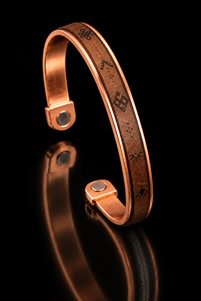 OSMANLI GÜMÜŞ Men's Pure Copper Bracelet Brown Leather Patterned Amanos Model...