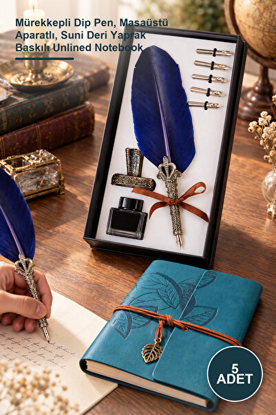 Yenilig 5-Piece Feather Dip Pen and Leather Notebook Set – Ink-Filled Dip Pen...