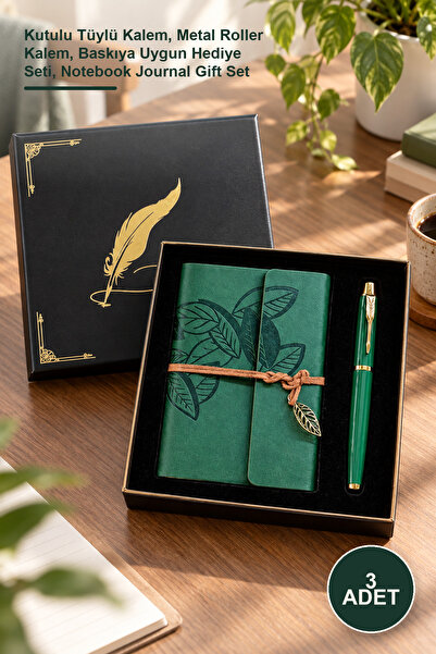 Yenilig 3-Piece Green Leaf Patterned Leather Notebook Pen Set – Boxed Feather...