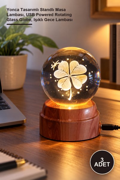 Yenilig 3-Piece Rotating Glass Globe with USB – Clover Design Table Lamp with...