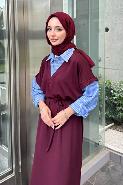 Ovn. Odette Poplin Detaylı Penye Elbise - Mürdüm