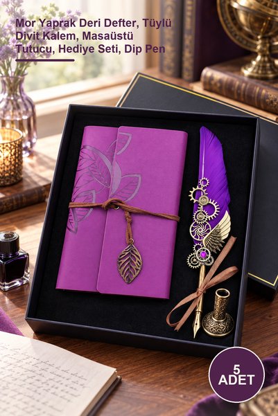 Yenilig 5-Piece Dip Ink Pen Set – Purple Leaf Leather Notebook, Feather Dip P...