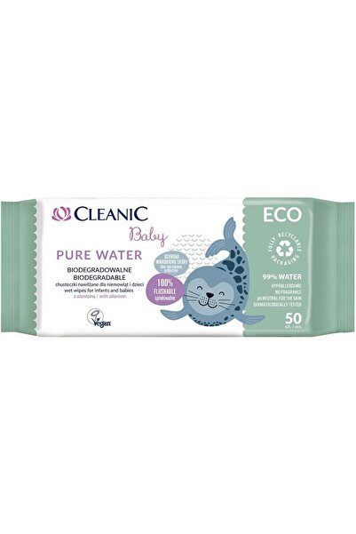 Cleanic Baby ECO Flushable Wet Wipes 50 Wipes | Pure Water Baby Wipes with Allantoin | Hypoallergenic, Fragrance-Free & pH Neutral | Dermatologically Tested Gentle Wipes for Infants & Babies