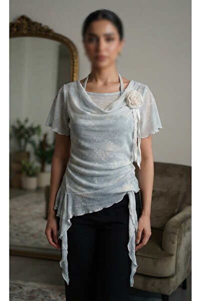 kadina Summer Blouse with Layered Design and Elegant Rose Brooch.