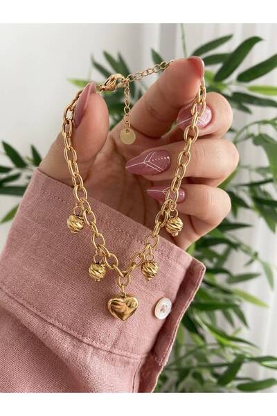 Yonca Çelik Kadın Gold Charm Çelik Bileklik & Kalp ve Küre Detaylı 17+5 Cm
