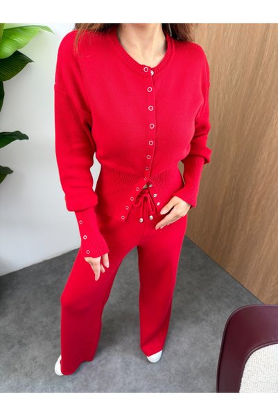 MiraMore Butik Women's Button Detailed Wide Leg Knitwear Set